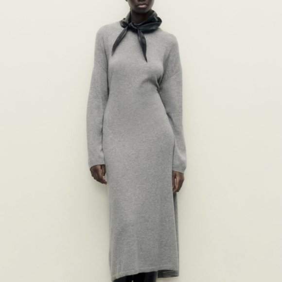 zara grey wool dress Zara Woman Gray V-Neck Pleated Midi Dress